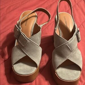 Lucky Brand Gray Suede 4” Platform Wedge Sandals with Criss-Cross Straps - NWOT